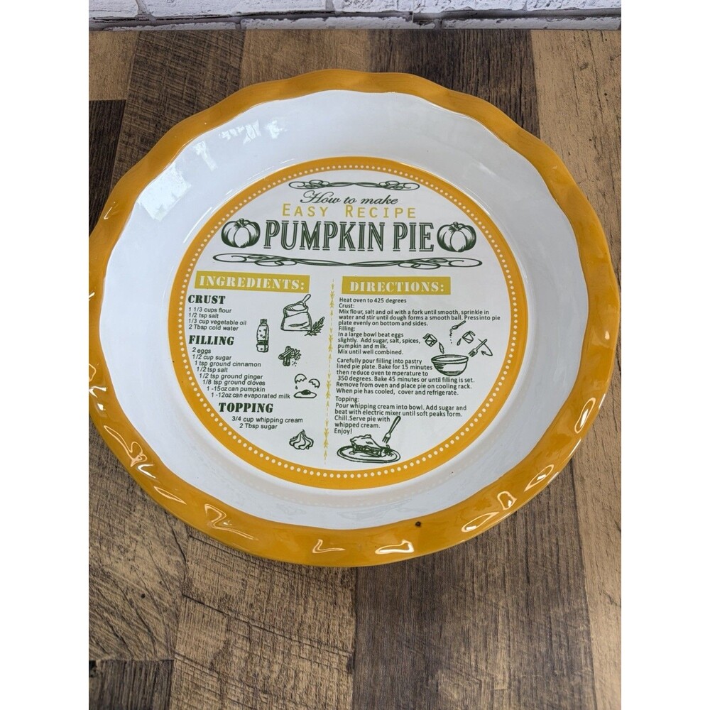 Ceramic Pumpkin Pie Plate With Recipe Yellow Pie Pan 11” Round